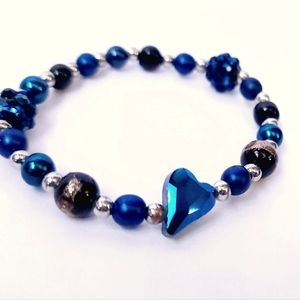 Blue Glass heart gem faux pearls handmade bracelet size xs